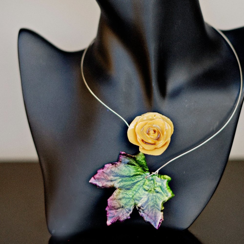 First You Spring, Then You Fall - Yellow Rose and Leaf Nature Wrap Necklace